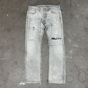 RRL Ralph Lauren 34x32 Low Straight Grey Selvedge Denim Distressed Repaired